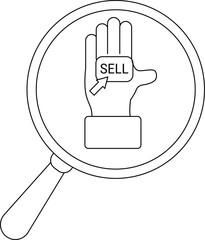 A magnifying glass focused on a hand with the word SELL on it pointed to by an arrow