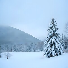 Obraz premium Serene Winter Landscape Snowy Pine Trees Against Mountain Backdrop Cold Season Scenery Outdoor Scene Evergreen Forest Snowfall Weather Conditions Tranquil Atmosphere Scenic Views