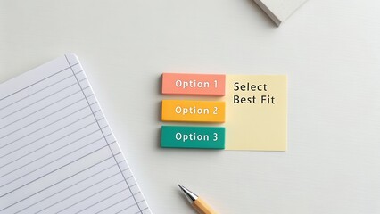 Three colored option blocks with selection text on a desk