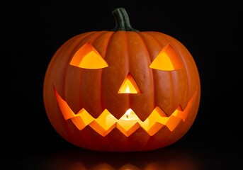Naklejka premium A classic carved Halloween jack-o'-lantern pumpkin with a spooky face glowing against a black background.