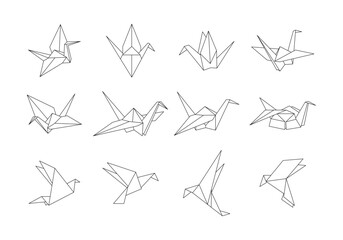 Origami paper cranes set. Various origami birds of folded paper. Origami paper bird symbol. Vector illustration