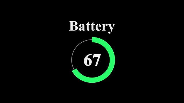 Battery level indicator at 67 percent. Modern circular battery meter on black background. battery charge visualization dashboard element.