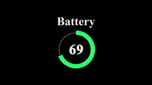 Battery level indicator at 69  percent. Modern circular battery meter on black background. battery charge visualization dashboard element.