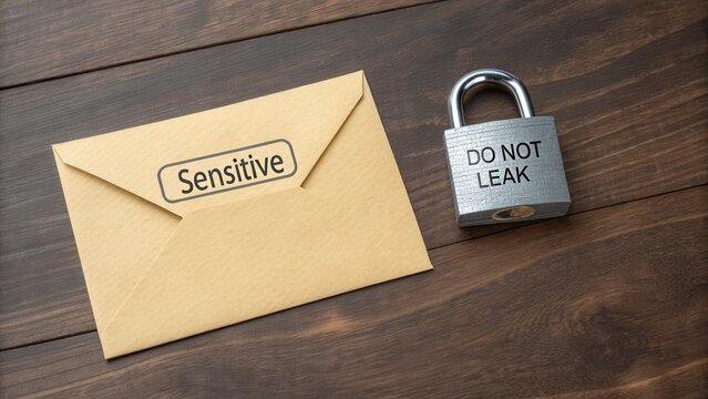 Padlock resting beside a sensitive envelope on wood - Powered by Adobe