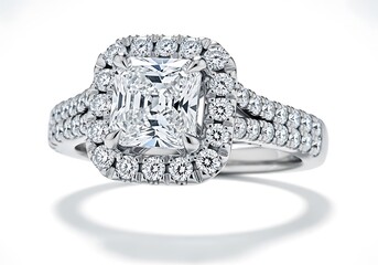 Obraz premium Cushion cut diamond halo engagement ring isolated on white background