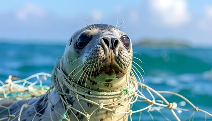 Seal entangled in fishing net, looking at the viewer, blue sea background