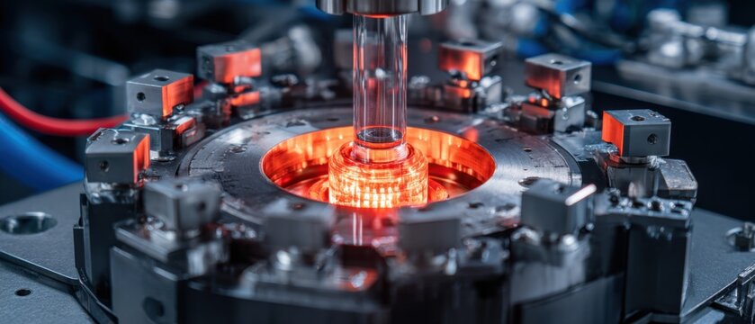 Professional high-quality close-up of semiconductor reactor chamber glowing with radioactive light for advanced nuclear fuel processing and energy innovation