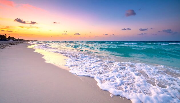 Serene beach scene under a colorful sunset sky with calm turquoise waves - Powered by Adobe