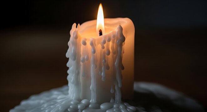 Burning white candle with dripping wax in darkness