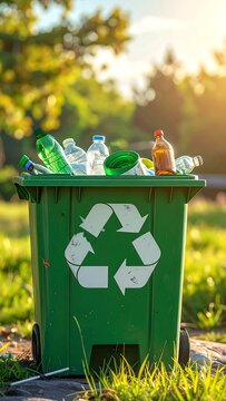 Green recycle bin full of various recyclable objects