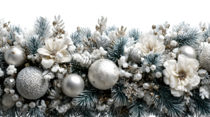 Elegant Christmas garland with frosted fir branches, silver ornaments, and sparkling accents isolated on white background