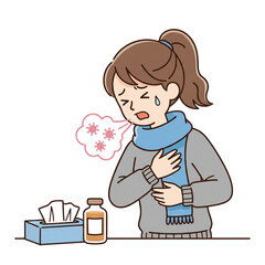 illustration of a woman who is coughing. isolated on a white background.