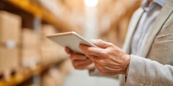 Professional Businessman Using Modern Tablet in Warehouse with Smart Inventory System Premium Corporate Logistics Marketing Content Inspiring Efficiency