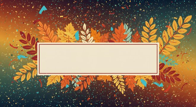 A festive autumn background with colorful leaves, foliage, and a central blank frame for text.
