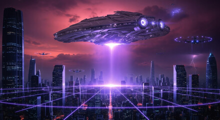 Futuristic cityscape under a red sky with ufo hovering and beaming light over the city grid