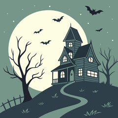 Spooky haunted house with bats flying in the moonlight on halloween night