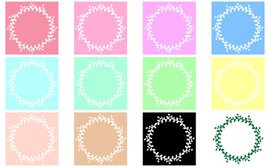 パステルカラー背景の円形ボタニカルフレームのイラストセット