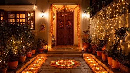 Plakat House decorated with diyas and marigold garlands for Diwali celebration