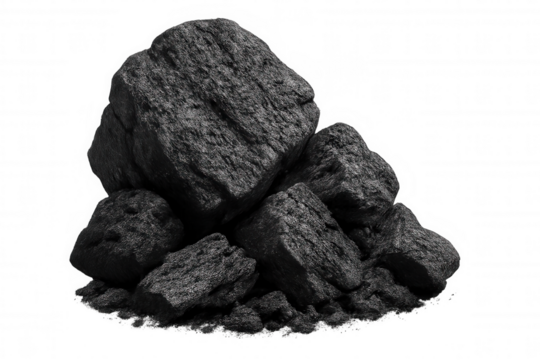 Pile of black coal chunks for fossil fuel energy production, carbon resource, heating, and industry on transparent background