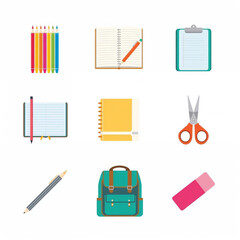 Colorful stationery set collection pencils, notebooks, scissors, and a backpack illustration on white background