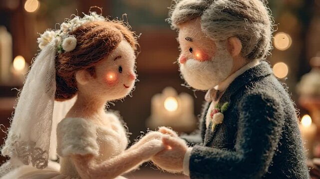 Animated couple holding hands at wedding ceremony warm lighting detailed figurines