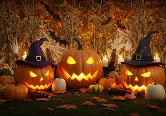 Three glowing jack-o'-lanterns wearing witch hats surrounded by autumn decorations, creating a festive Halloween scene.