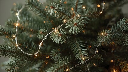 Christmas tree branches close up - Fir branches with glowing garland close up - Christmas background