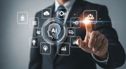 Innovating Future Technologies: A Man Interacting with Artificial Intelligence Through an Interactive Interface, Exploring Advanced Connections and Solutions.
