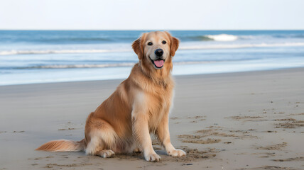 Joyful golden retriever sits happily on sandy beach with ocean waves gently rolling in distance