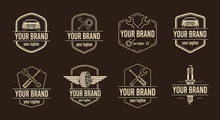 Collection of vintage car service and repair shop emblem designs.