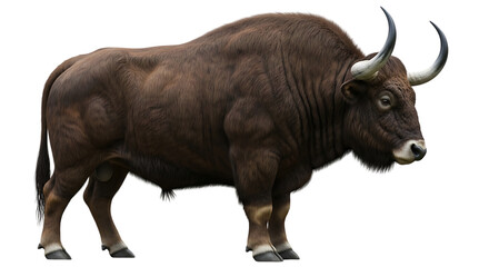 A large brown gaur standing in profile with its curved horns visible against a black background