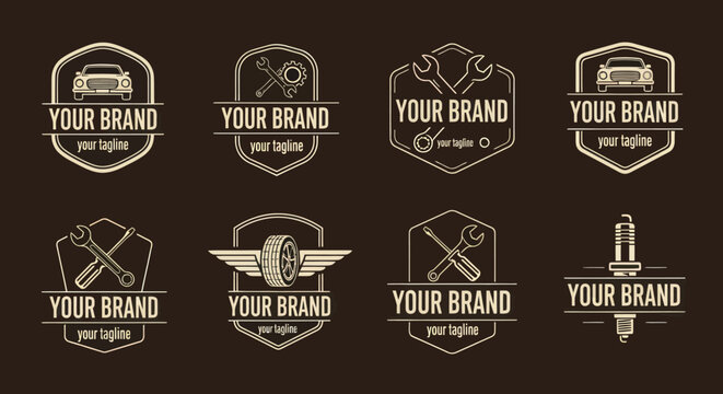 Collection of vintage car service and repair shop emblem designs.