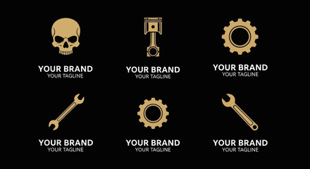 Set of six golden industrial and mechanical icons on black background.