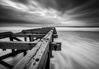 Dramatic black and white long exposure of a decaying wooden pier extending into a turbulent ocean