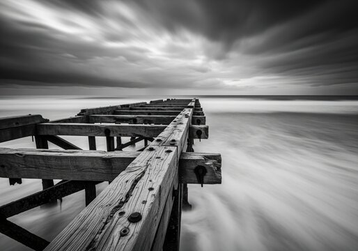 Dramatic black and white long exposure of a decaying wooden pier extending into a turbulent ocean - Powered by Adobe