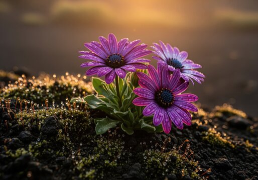 Dramatic low angle macro of three exotic purple daisy flowers with dew drops on mossy soil at sunrise