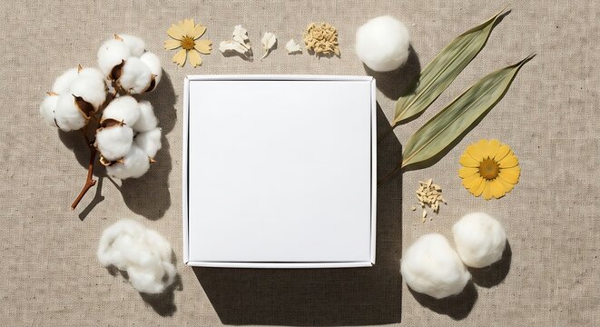 Natural Beauty Blank Mockup Canvas Box Surrounded by Cotton and Dried Flowers