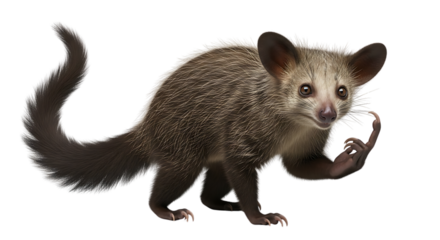 A civet standing on a black background with its paw raised looking at the viewer closely