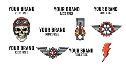Motorcycle-themed logo designs with skull, engine, and gear illustrations.