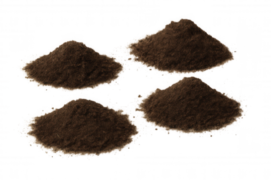 Four piles of dark brown organic soil compost or dirt for gardening and agriculture on transparent background
