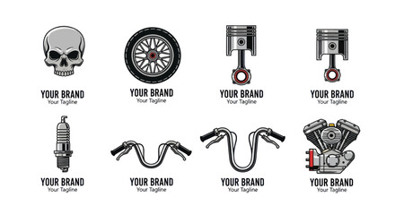 Vintage Motorcycle Parts and Skull Vector Logos Collection. © Anak