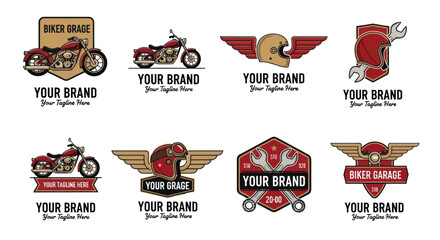 Collection of vintage motorcycle and biker garage emblems with classic bikes helmets and tools.