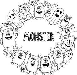 Whimsical monster halloween wreath coloring page outline fun for kids and adults