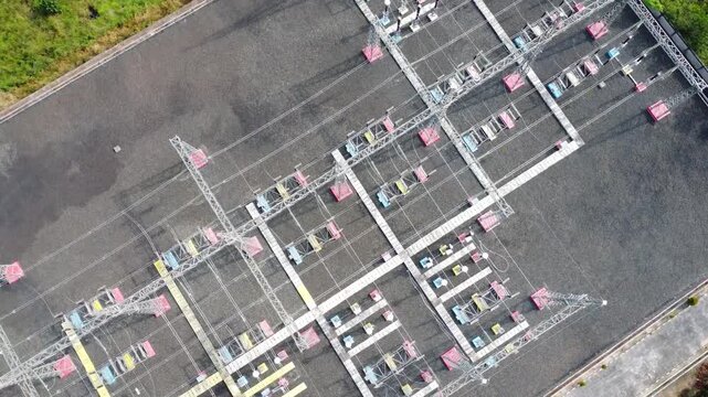 Aerial view of the existing electricity substation in Banjarmasin, electricity terminal and electricity conductor