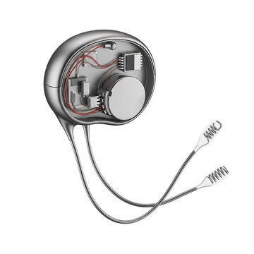 A detailed view of a cochlear implant device showcasing its internal components and electrode array on transparent background