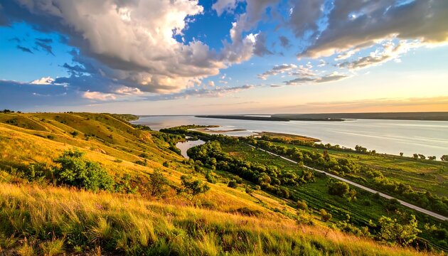 Rolling hills meet a serene river under a cloudy sky at sunset
