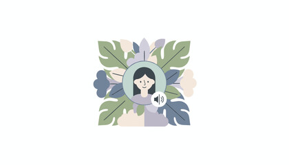 Illustration of a smiling womans avatar in a botanical frame with a speaker icon communication concept