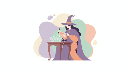 Witch knitting a spiderweb for Halloween Creative craft for seasonal decor