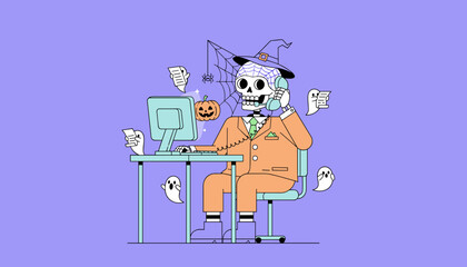 Skeleton in a witch hat works at a desk answering calls amidst Halloween office chaos