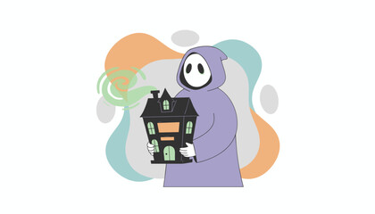 Mysterious hooded figure holds a spooky haunted house illustration for Halloween